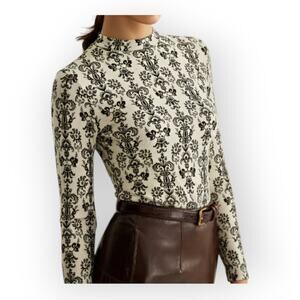 Commense Damask Print Mock Neck Top Sheer Knit Long Sleeve XL - Parisian Romance
